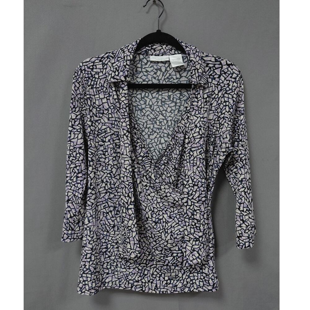 Worthington Mediano Black Wrap V-Neck Collared Knit Blouse Women Size M